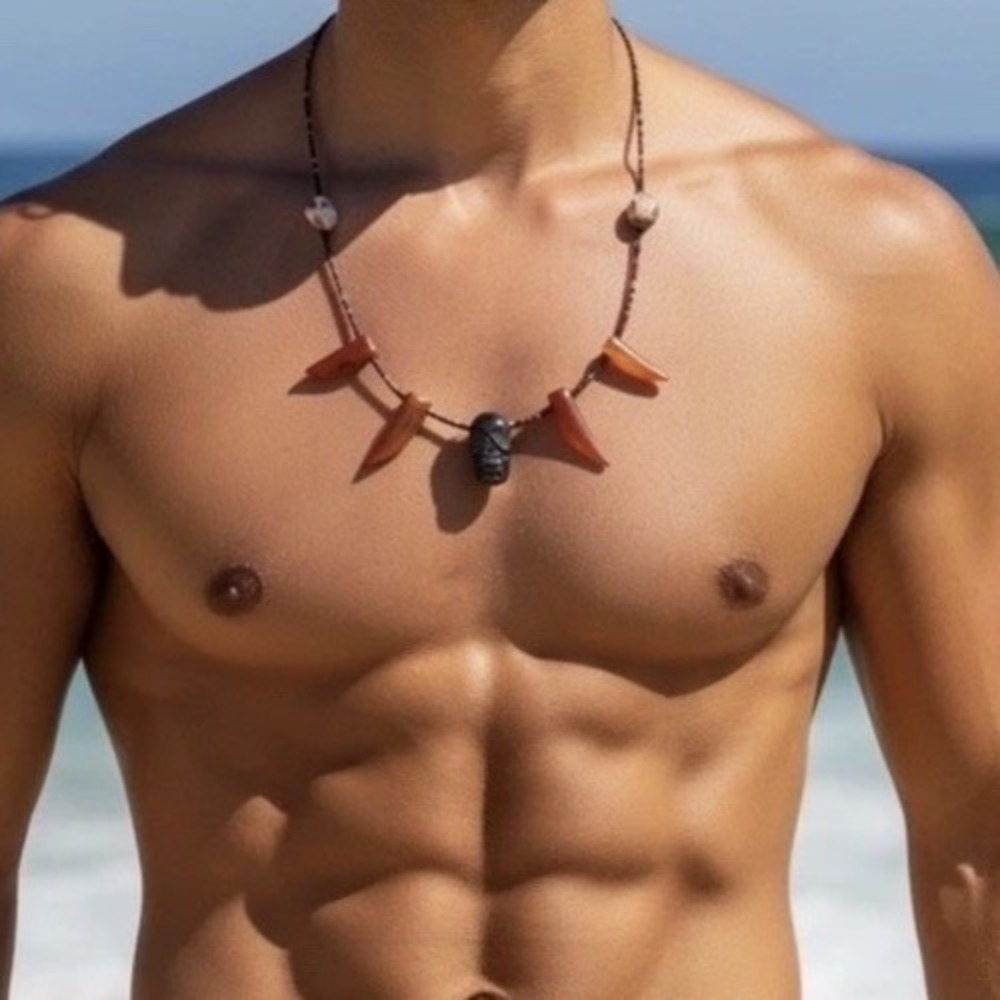 VINTAGE BOHO Tribal Warrior Skull Necklace   CARNELIAN Survivor Surfer